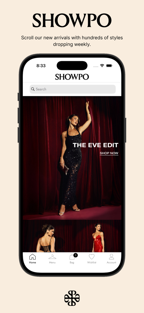 Showpo: Fashion Shopping - Écran d'accueil de l'application de shopping mode Showpo présentant la collection Eve Edit et des robes de soirée tendance