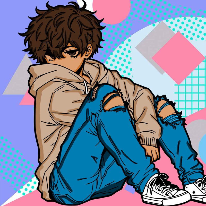 a male hoddie ripped jeans messy hair anime
