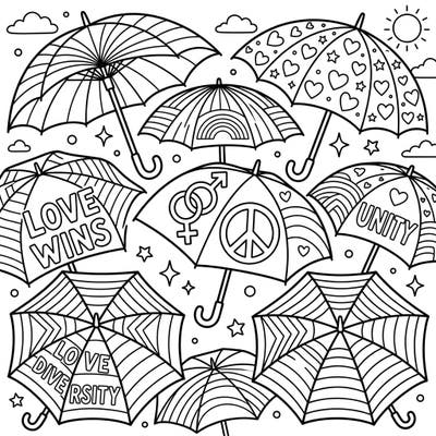 Dive into a world of vibrant expression with our Umbrellas x Pride coloring page. Celebrate love, diversity, and unity by bringing these beautifully patterned umbrellas to life with your favorite colors.