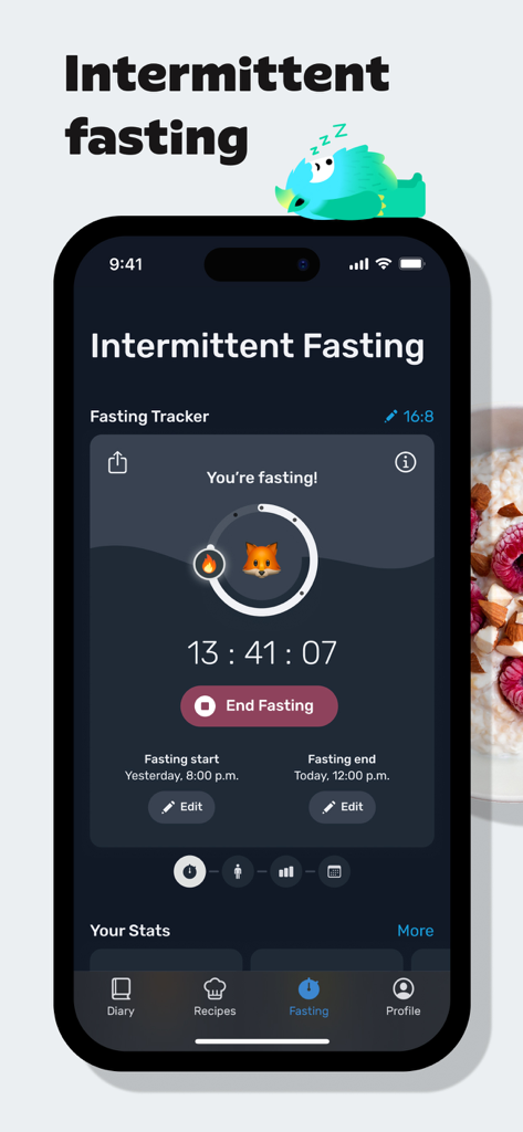 Mobile interface of the Yazio app showing an intermittent fasting timer and tracking progress
