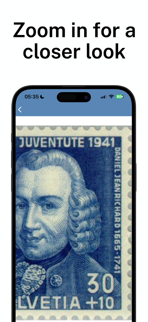 Zoomed in view of a 1941 Swiss stamp in the Stamp Identifier app