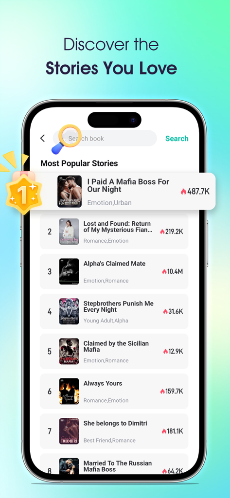 Hinovel - Read Stories - Interfaz de la app Hinovel mostrando una lista de las historias de romance más populares