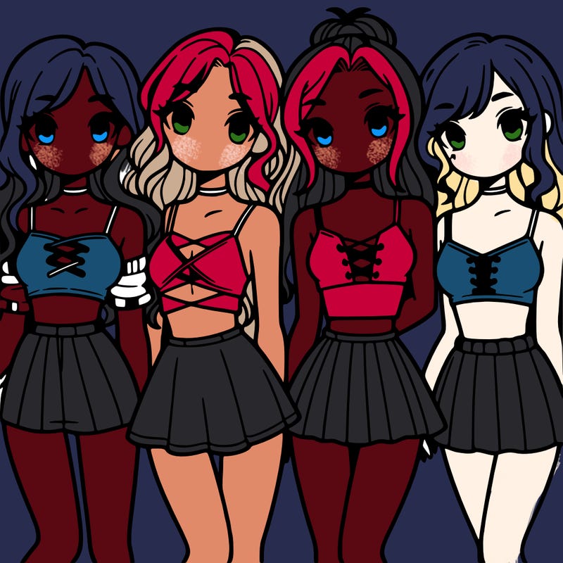 four girls with crop tops and skirts