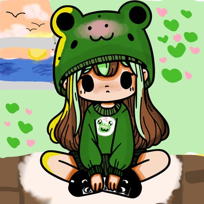 a girl wearing a frog hat and some frog socks