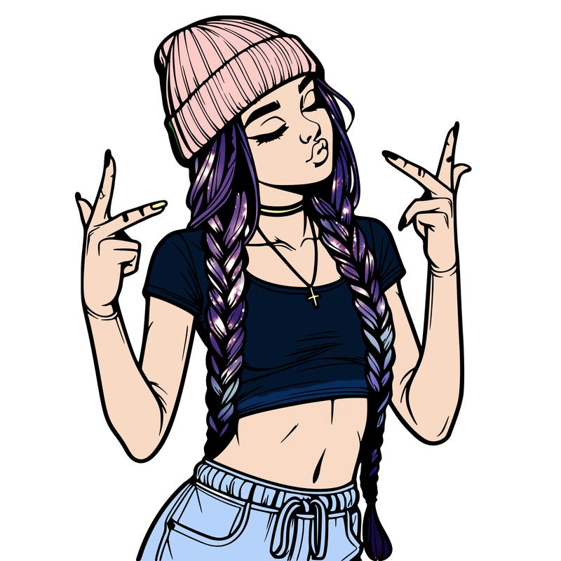 realistic teenage girl with braids and a beanie and crop top doing 🫶🏼