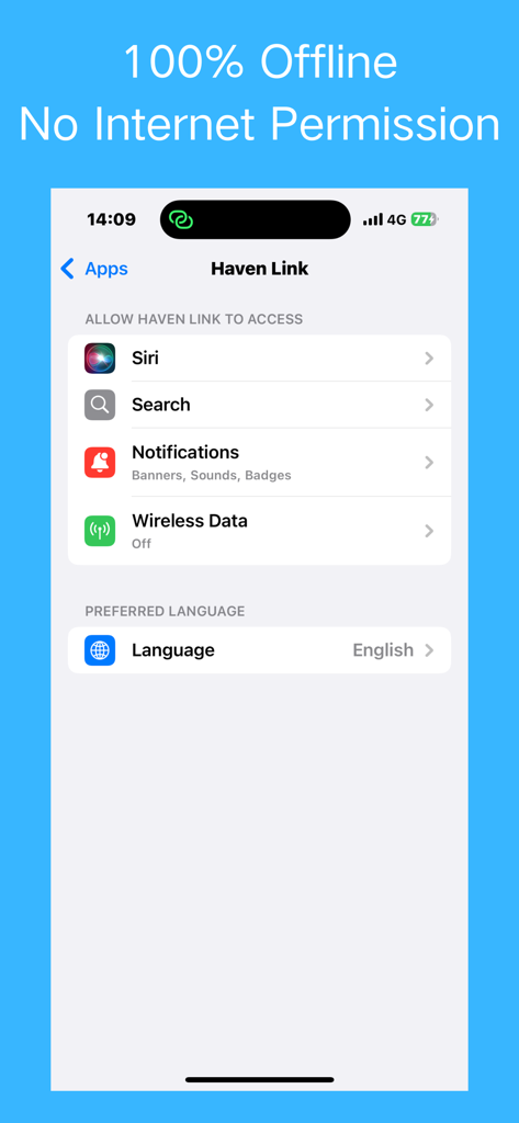 Haven Link - offline CRM - Écran des paramètres de l'iPhone pour Haven Link montrant les données sans fil désactivées pour garantir une confidentialité hors ligne à 100 %
