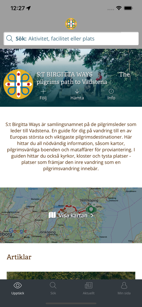 Startbildschirm der App Saint Birgitta Ways mit einem Pilgerführer nach Vadstena, einer Karte von Schweden und Suchfunktionen.