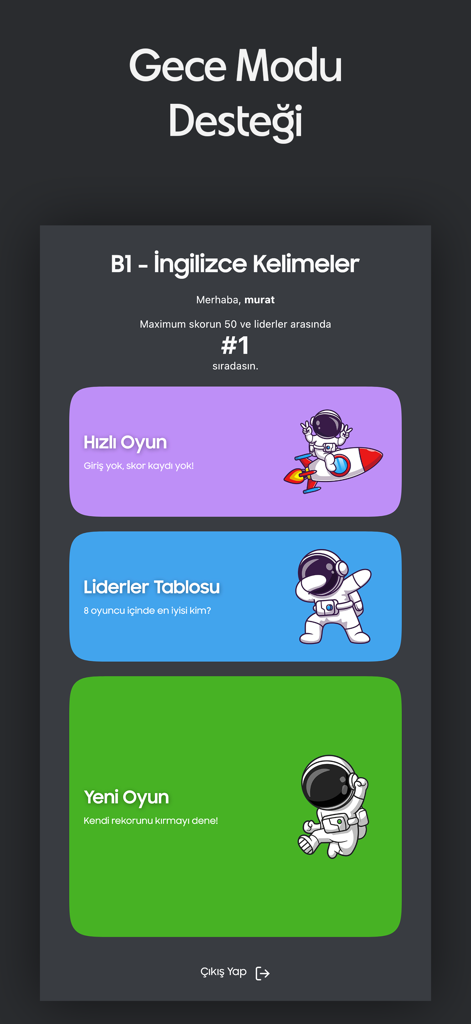 B1 - Ingilizce Kelimeler - Main menu of the B1 English vocabulary app in dark mode featuring game options and astronaut illustrations