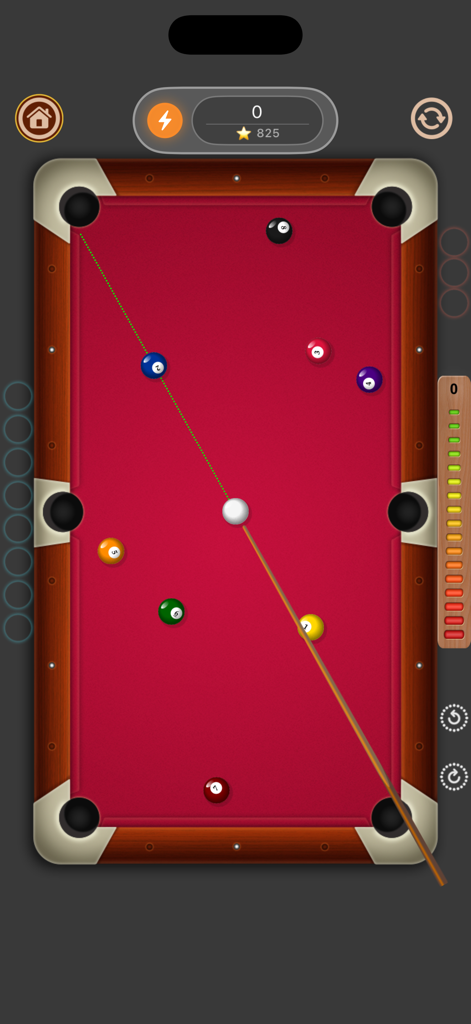 Pool - 8 Ball, 9 Ball & Solo - Top-down gameplay view of a mobile pool game with a red table and cue stick aiming