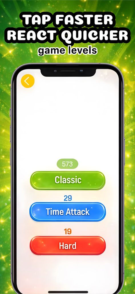 Buttons • Reaction time Game - Menu screen of the Buttons reaction time app showing Classic, Time Attack, and Hard game modes.