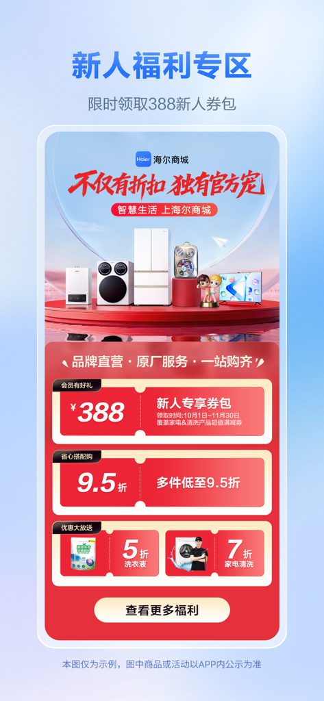 Haier Mall mobile app screenshot showing new user benefits and appliance discount coupons.