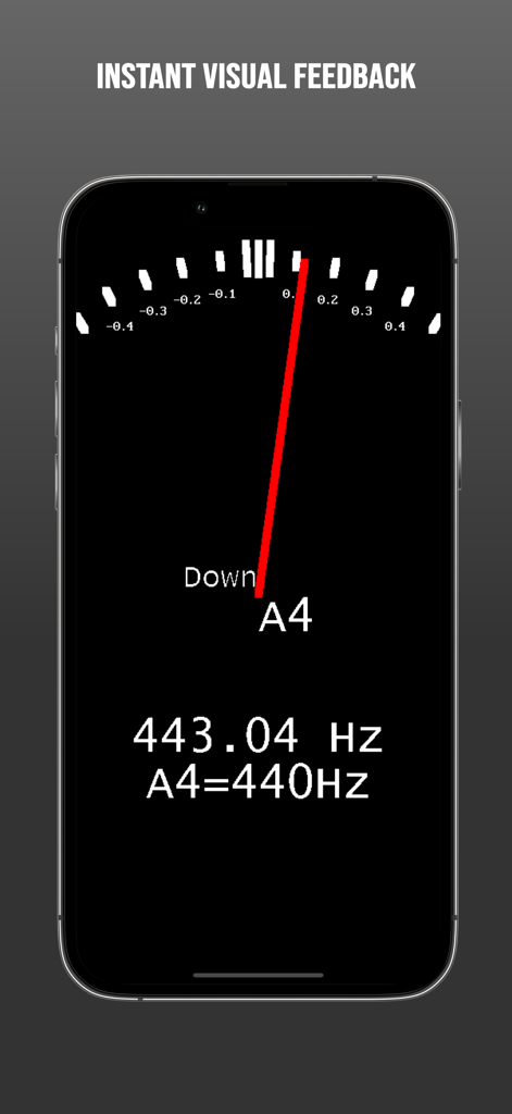 iPhone screen displaying the Guitar Tuner Light app interface with a red analog needle meter for precise tuning