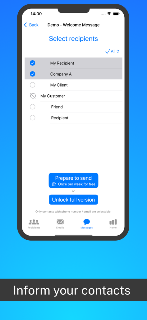 SMS Newsletter: Send bulk sms - Schermata dell'app mobile che mostra un elenco di contatti con caselle di controllo per selezionare i destinatari per una campagna SMS di massa