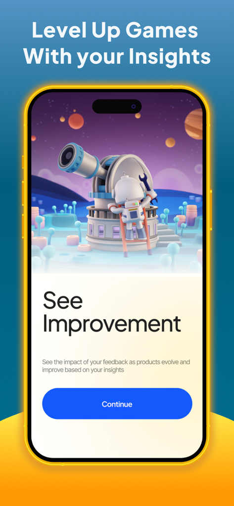 Playtest Pro - Playtest Pro app screen highlighting how user insights improve games with an astronaut illustration