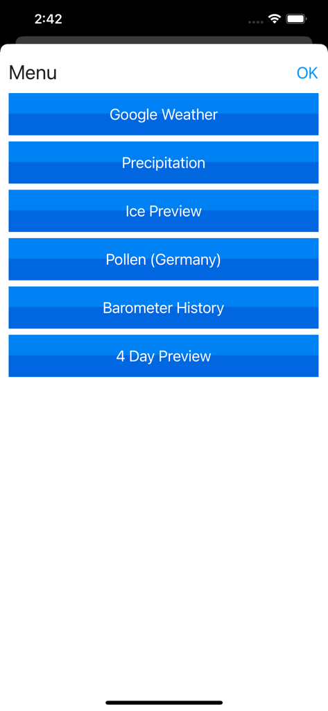 Menu screen of the Barometer antique app showing weather features and history options
