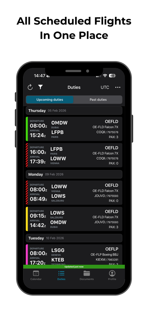 FL3XX Dispatch - Interface of the FL3XX Dispatch app showing a comprehensive list of scheduled flight duties and aircraft details