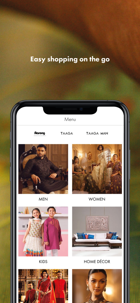 Aarong - Aarong mobile app interface showing categories for men, women, kids, and home decor.