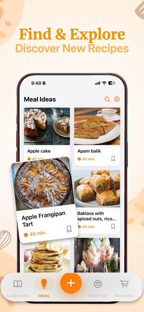Recipe Keeper - Cooklet - A mobile interface of the Cooklet app showing a discovery feed of recipes including apple cake and baklava.