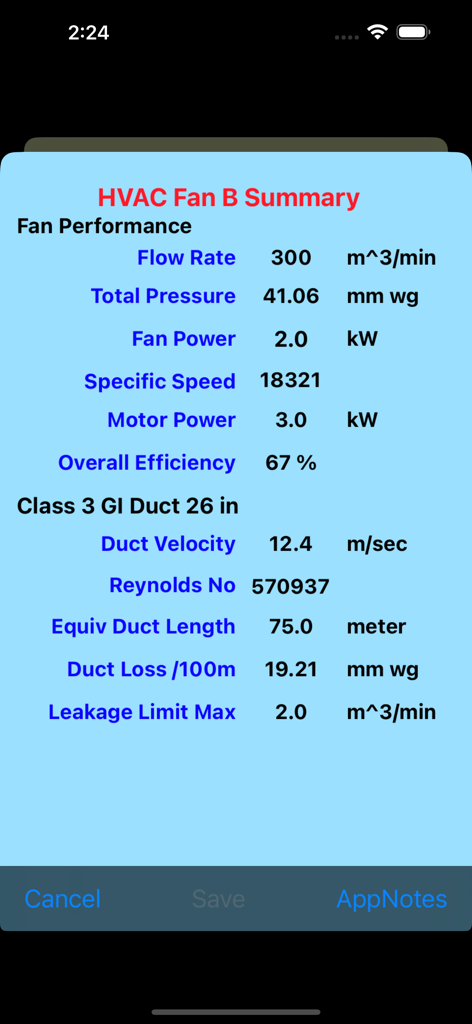 Fan Spec Performance - Detailed HVAC fan performance and duct system calculation summary screen within the Fan Spec app.