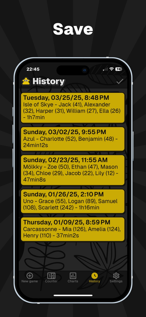 MyScoreTracker – Score Counter - MyScoreTracker app history screen showing a log of board game sessions with dates, players, and scores