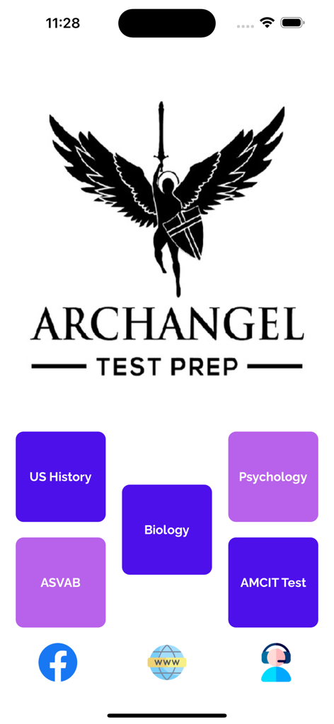 ArchAngel Test Preparation - Pantalla de inicio de ArchAngel Test Prep mostrando categorías de estudio como Historia de EE. UU., ASVAB y Biología con un logotipo de ángel alado