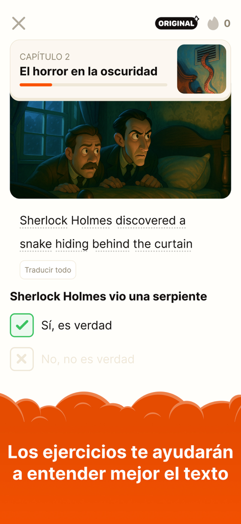 Clew: aprende inglés leyendo - Interface of the Clew app showing a reading exercise in English with a Sherlock Holmes illustration and a true or false question in Spanish.