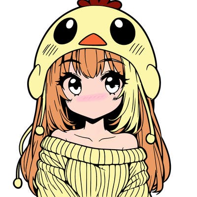 anime girl with chick shaped hat with sweater with bare shoulders with bangs covering them one eye with low tail