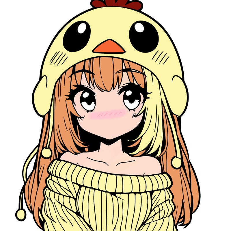 anime girl with chick shaped hat with sweater with bare shoulders with bangs covering them one eye with low tail