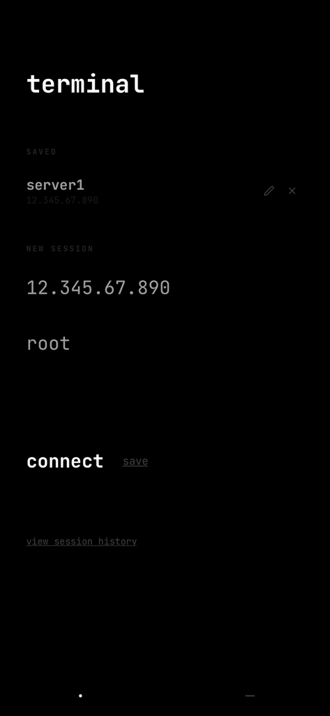 SSH Terminator - Minimalist SSH connection menu with saved server list and new session fields in a dark theme