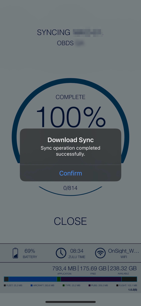 Confirmation message showing successful data sync in the Airbus A220 Flight Deck application