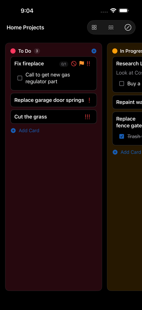 My Task Board - To Do Tracker - My Task Board App zeigt eine Kanban-Liste von Aufgaben mit Checklisten und Prioritäts-Icons an