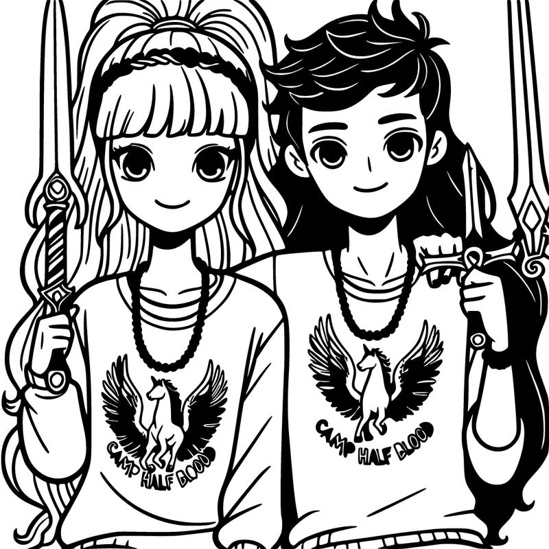 a girl with a dagger and a boy with a sword sitting next to each other with shirts that say camp half blood with pegasus is on them and beaded the necklaces