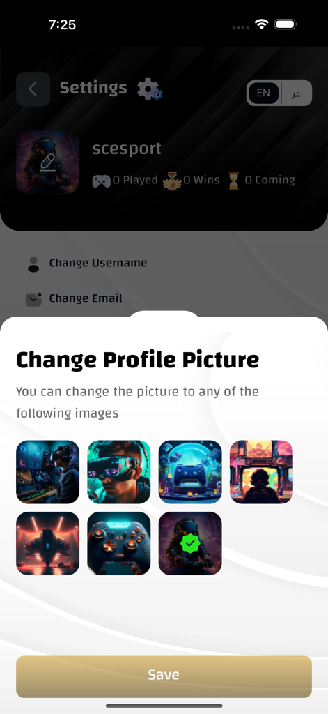 SC ESport - Interface for choosing a gaming profile picture in the SC ESport app settings.