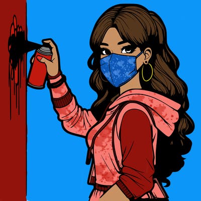 realistic girl with mask spray painting a wall
