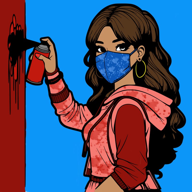 realistic girl with mask spray painting a wall