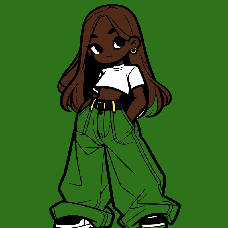 girl with long hair baggy pants and a crop top