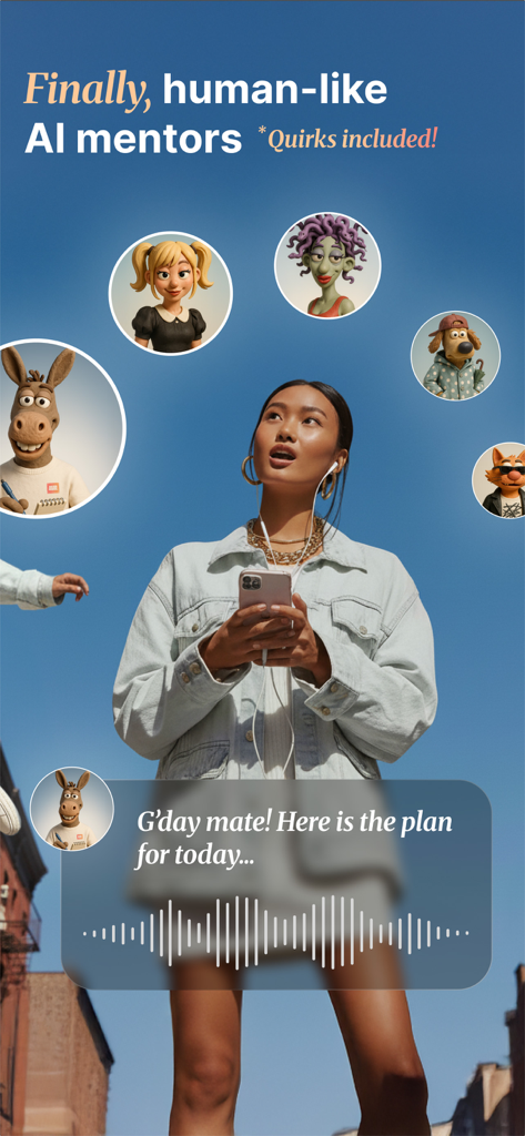 Donna che pratica il parlare con mentori personaggi IA stravaganti sull'app Mad Fluent