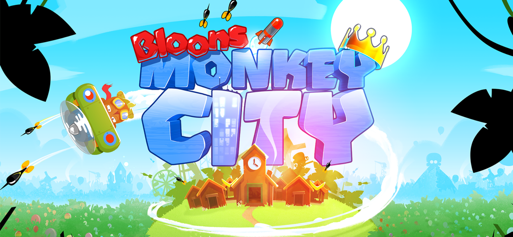 Logotipo de Bloons Monkey City con un mono piloto en un avión y una pequeña aldea de monos