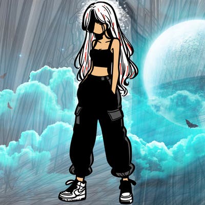 girl in baggy pants crop top and long hair