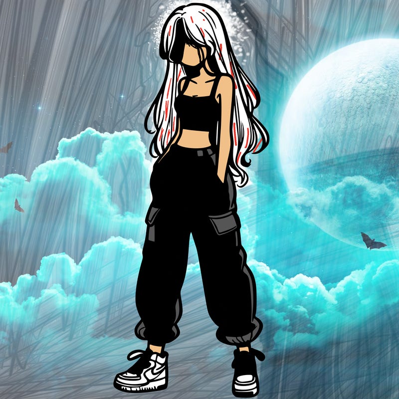 girl in baggy pants crop top and long hair