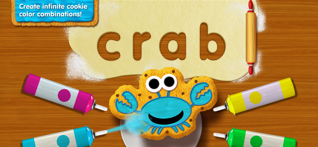 生地で綴られたcrabという文字の下で、青いアイシングでデコレーションされているカニの形のクッキー