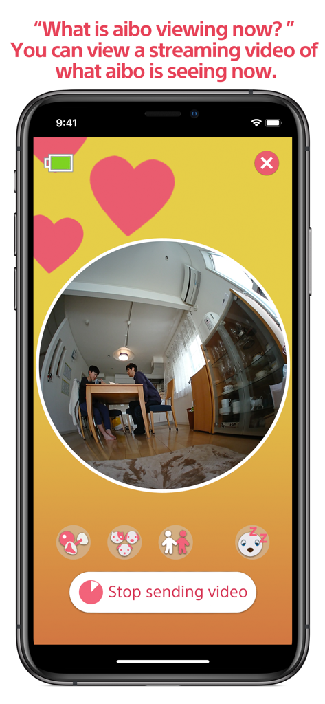 Captura de pantalla de la aplicación My aibo mostrando una transmisión de video circular ojo de pez en vivo de lo que el perro robot ve en un entorno doméstico