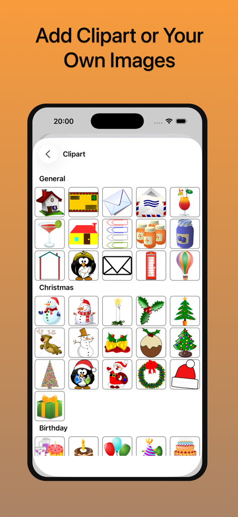 Una biblioteca de íconos de clipart en la aplicación Impresora de Etiquetas para personalizar etiquetas con temas como Navidad y cumpleaños.