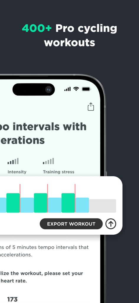A smartphone screen displaying a professional cycling workout with interval data and an export option in the JOIN Cycling Coach App.