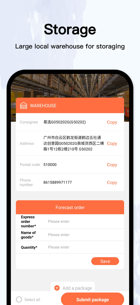 DgoMall mobile interface displaying the China warehouse address and package forecasting form for international shipping