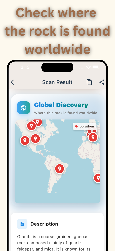 Rock Identifier: AI Scan - Una función de mapa mundial en la aplicación Rock Identifier que muestra ubicaciones donde se encuentran rocas específicas a nivel mundial