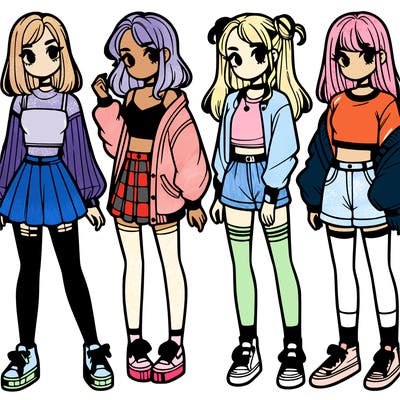 one girl with crop-top shirt and a jacket with a skirt, long socks and another girl with a shirt and pants with a jacket