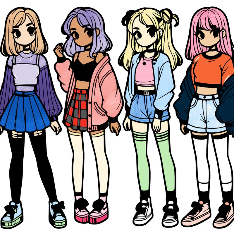 one girl with crop-top shirt and a jacket with a skirt, long socks and another girl with a shirt and pants with a jacket