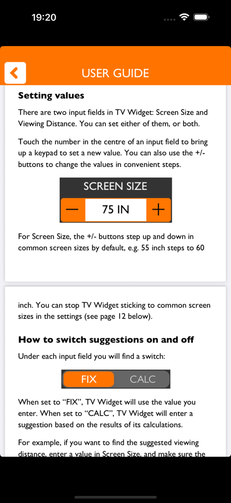 TV Widget + - Guía del usuario para TV Widget plus explicando la configuración del tamaño de pantalla y los modos de cálculo