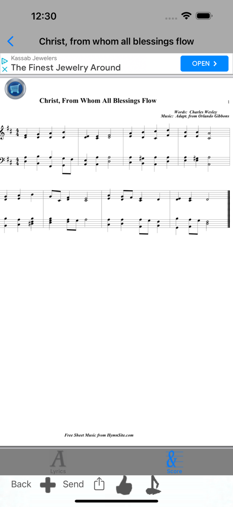 Worship Scores Lyrics & Tunes - Digital sheet music score for a Christian hymn in the Worship Scores app